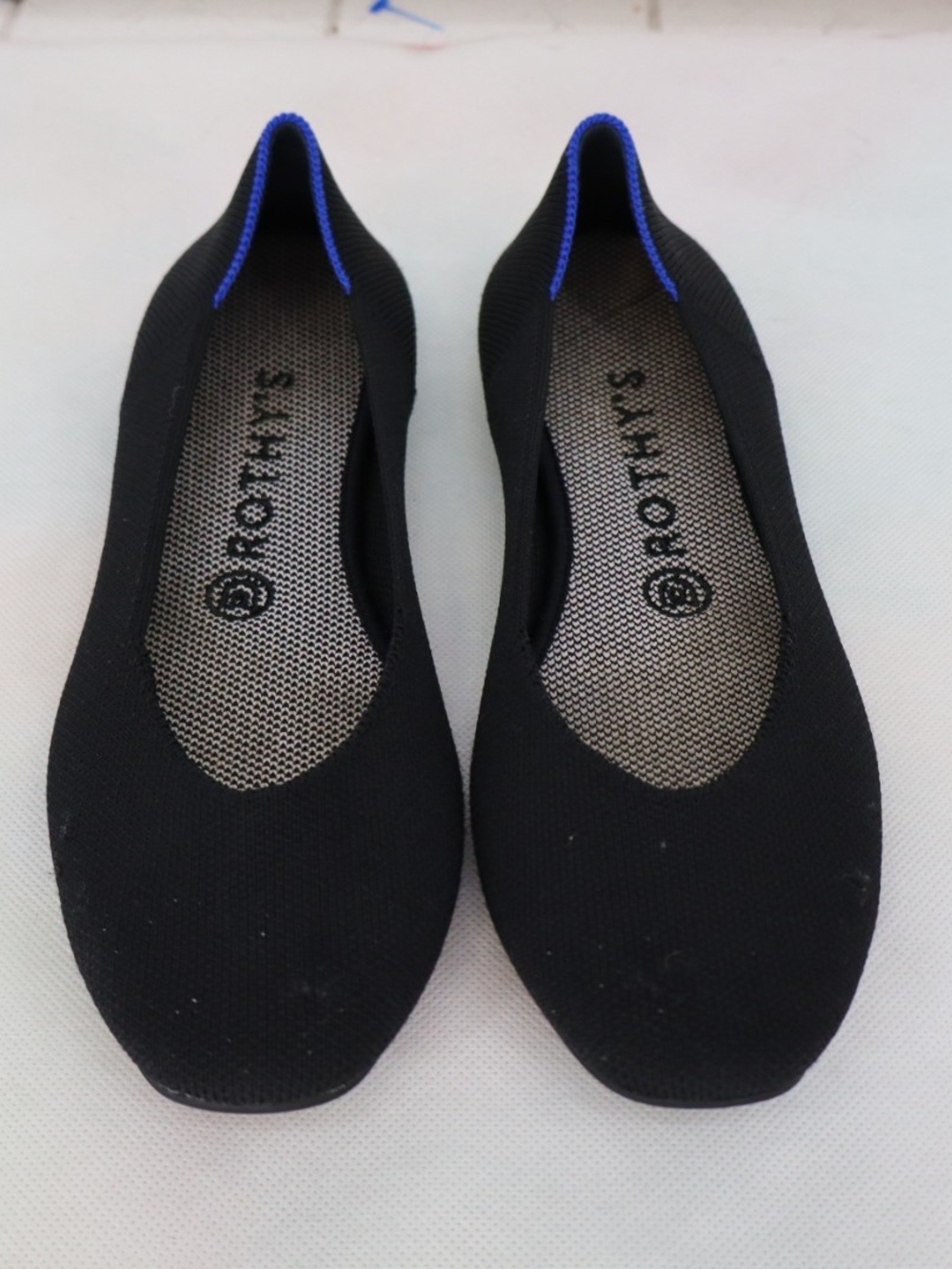 Rothy’s The Flat Women’s 8 Black Knit Ballet Flats Electric Blue Trim Washable